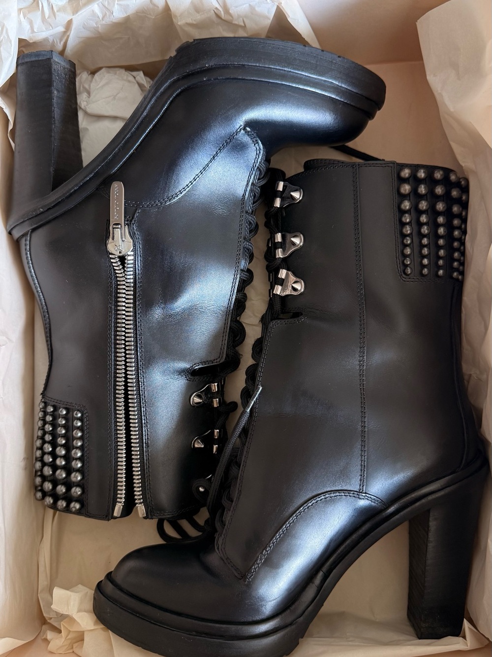 Sergio Rossi Black Leather Studded Lace-Up Heel Boots